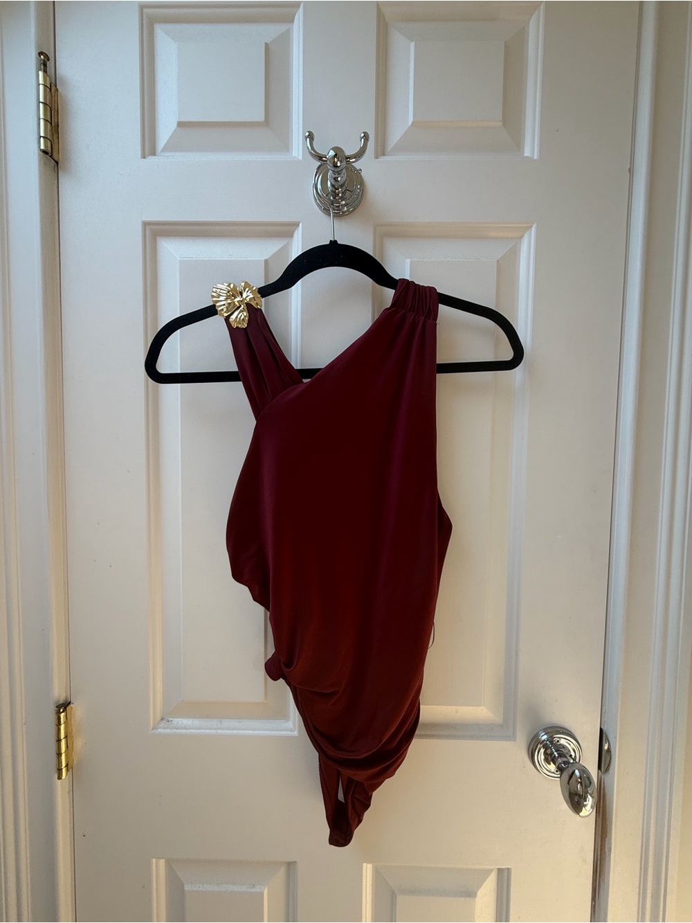 Zara One-Shoulder Burgundy Bodysuit with Gold Floral Accent